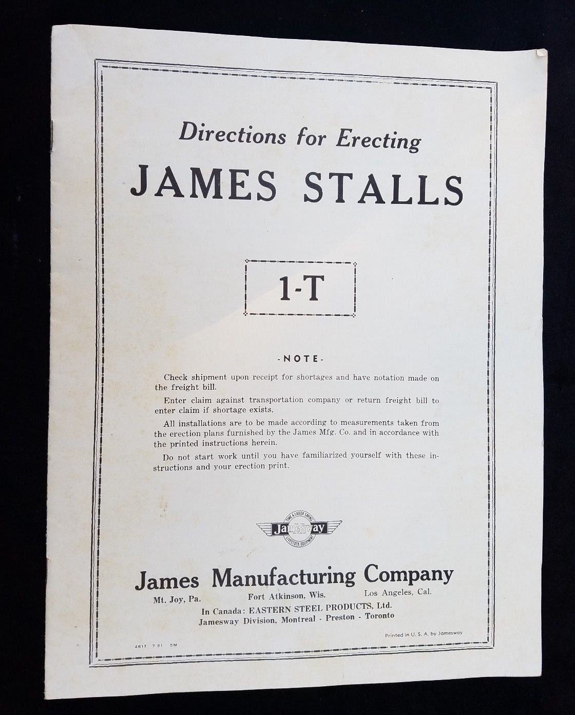 1951 Directions for Erecting James Stalls James Mfg Co Mt Joy Fort Atkinson Farm