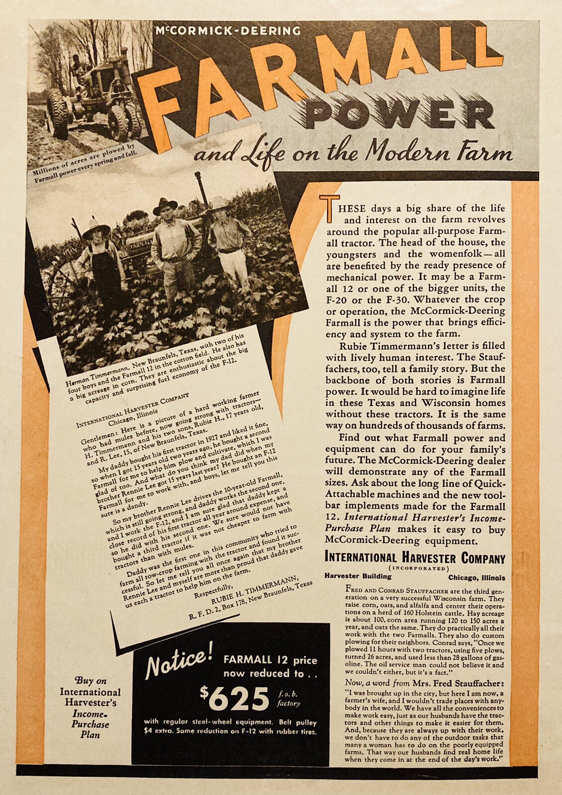 1937 AD.(XH81)~INTERNATIONAL HARVESTER CO. CHICAGO. MCCORMICK-DEERING FARMALL 12