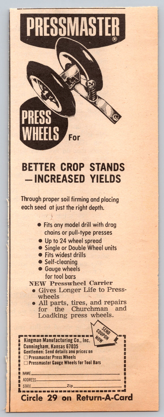 1973 Print Ad Kingman Mfg Pressmaster Press Wheels Better Crop Stands