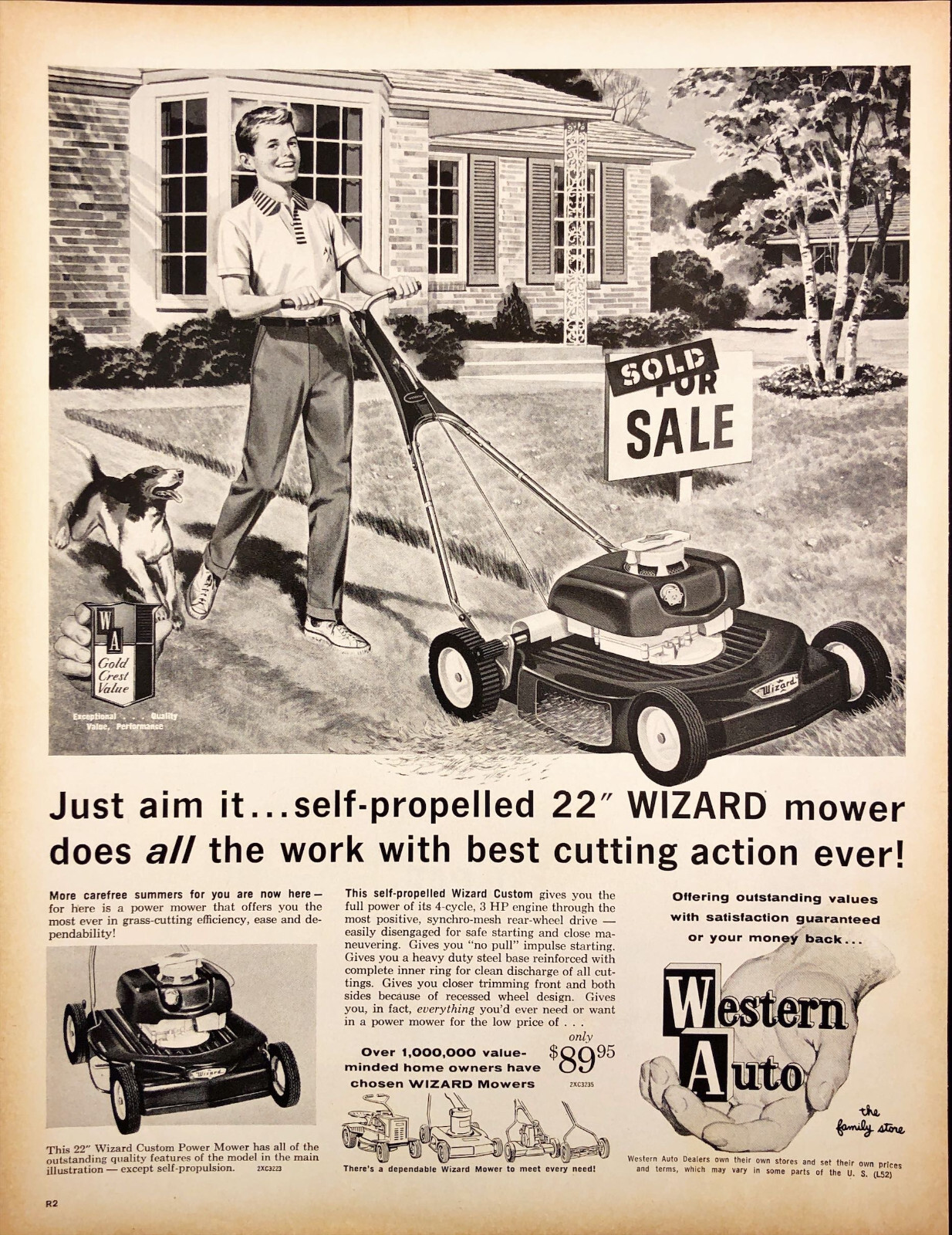 1962 Western Auto Lawn Mower Print Ad Boy Mowing Lawn with Dog Chasing
