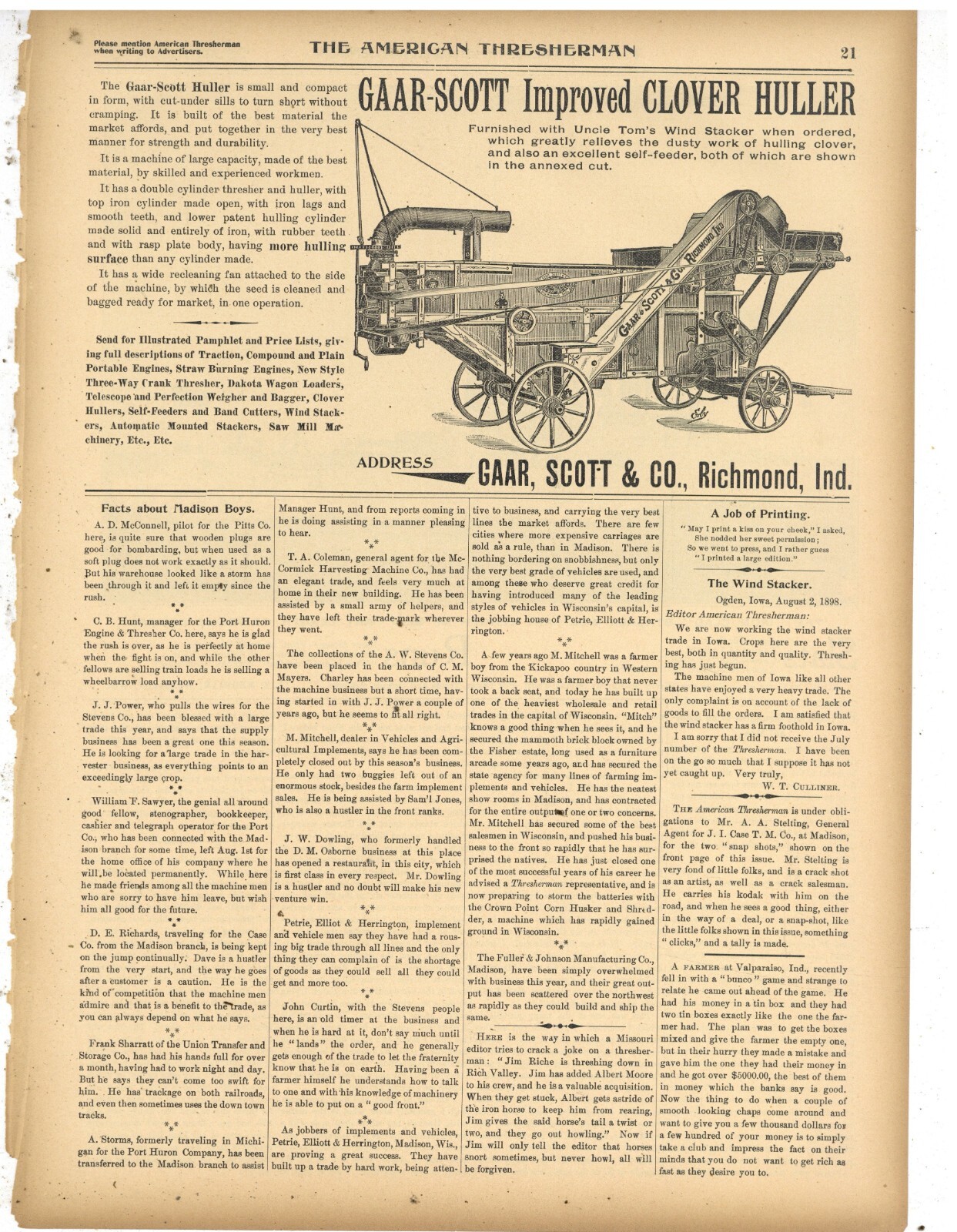 1898 Gaar Scott & Co. Ad: Improved Clover Huller – Richmond, Indiana