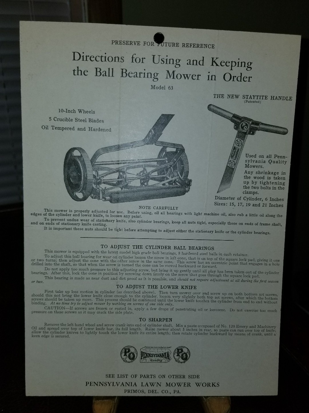 VINTAGE 1900s PENNSYLVANIA LAWN MOWER WORKS SIGN DELCO, PA