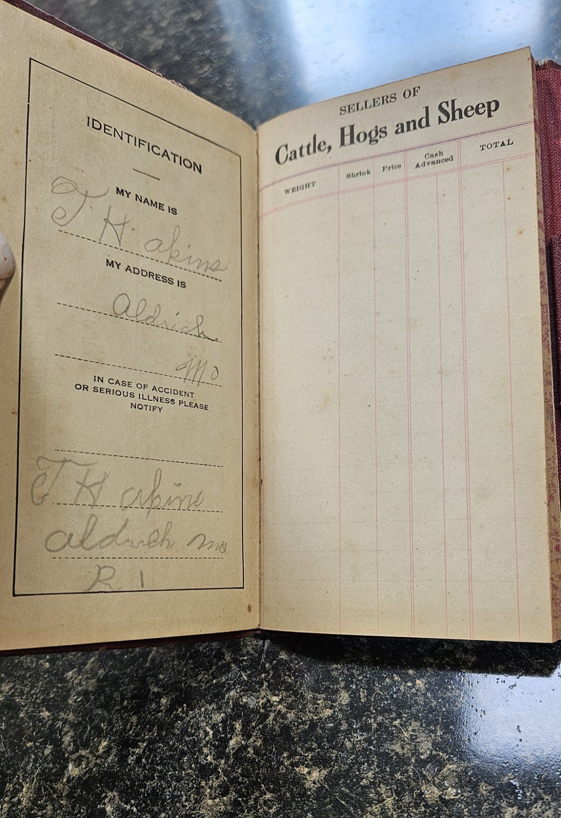 1925–1926 National Live Stock Commission Co. Pocket Ledger Book – Aldrich MO