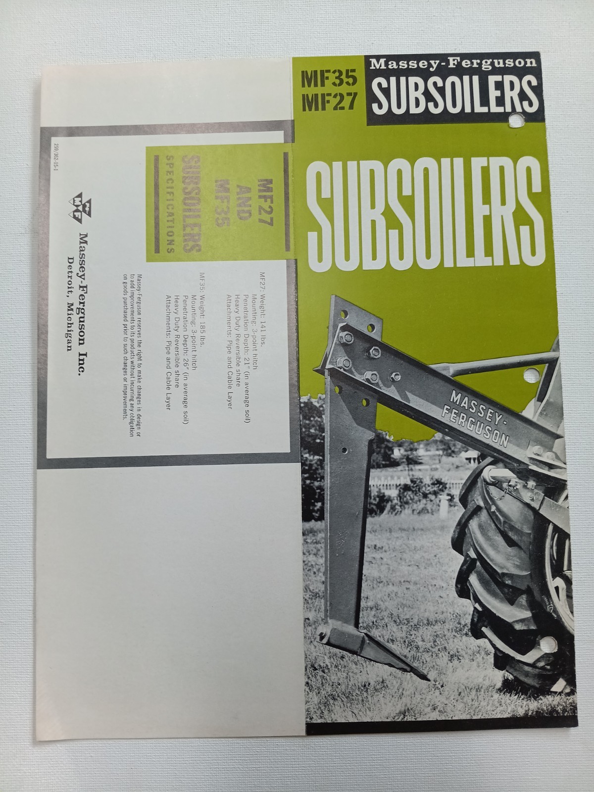 Vintage Mailer Massey Ferguson MF 35 & MF 27 Subsoilers Dealer Brochure AD