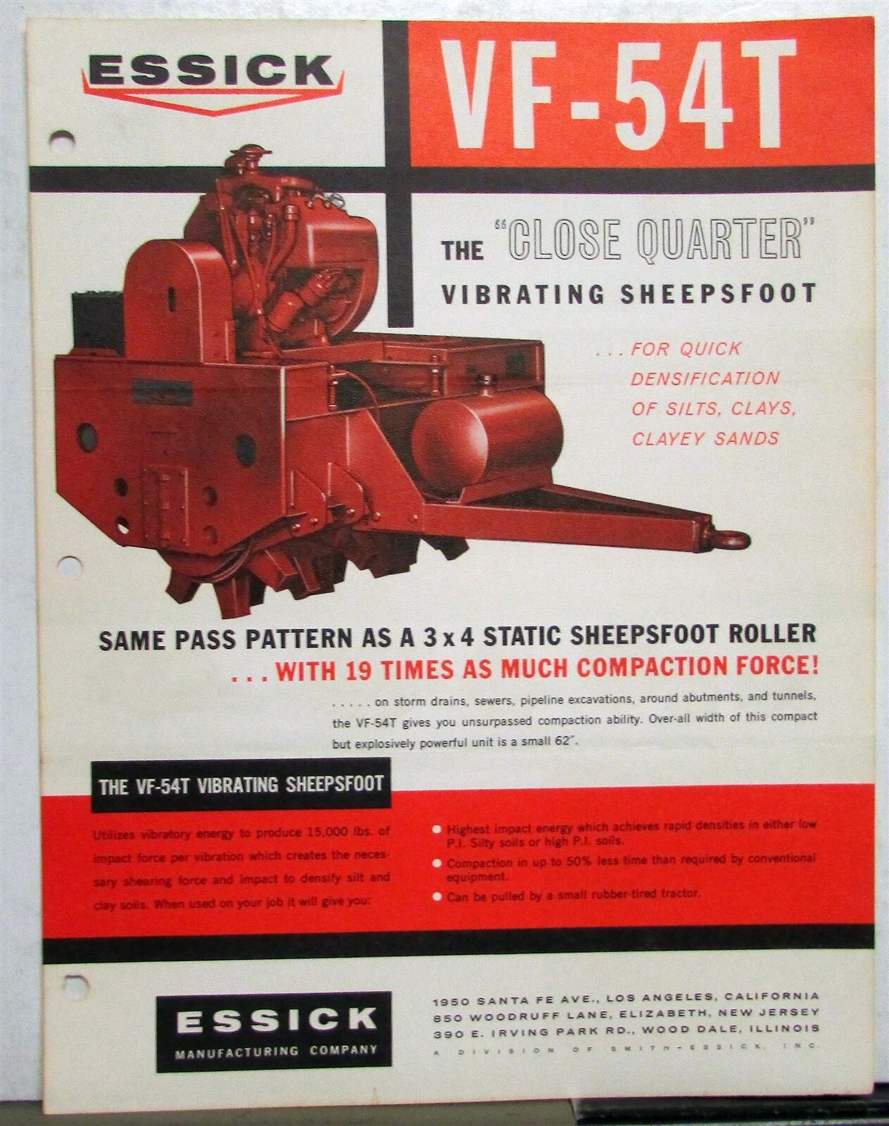 1947 Essick VF 54T Vibrating Sheepsfoot Specs Construction Sales Data Sheet