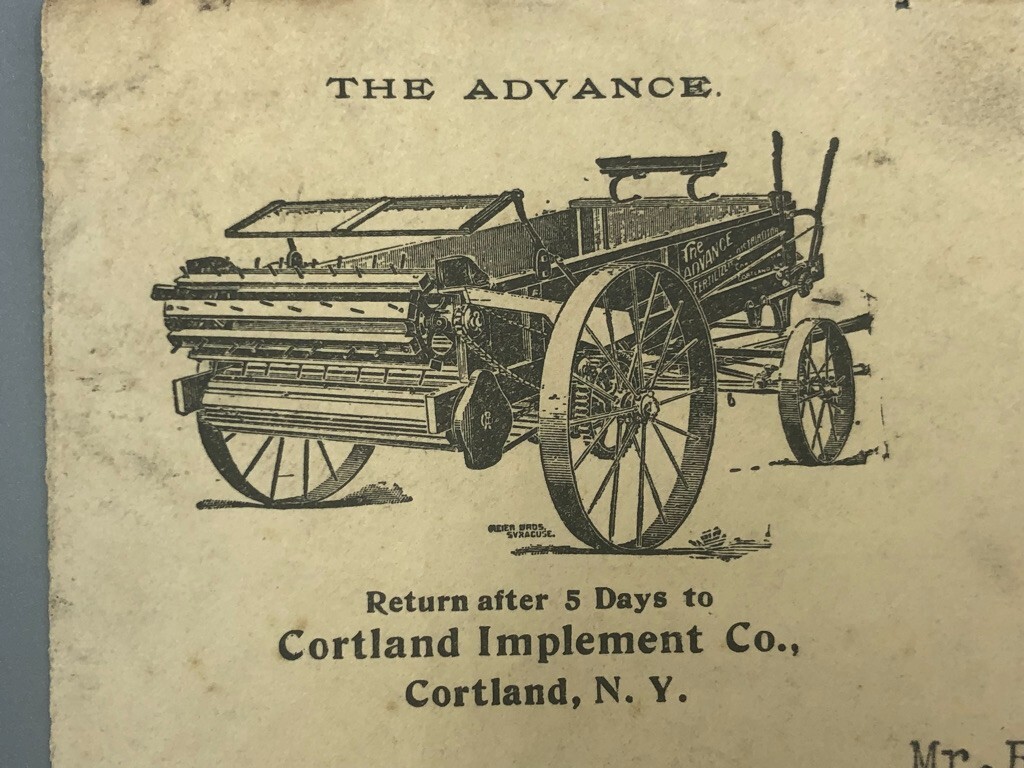 1905 CORTLAND NY Illustrated Postal Cover FACE ONLY Advertise Farm ADVANCE