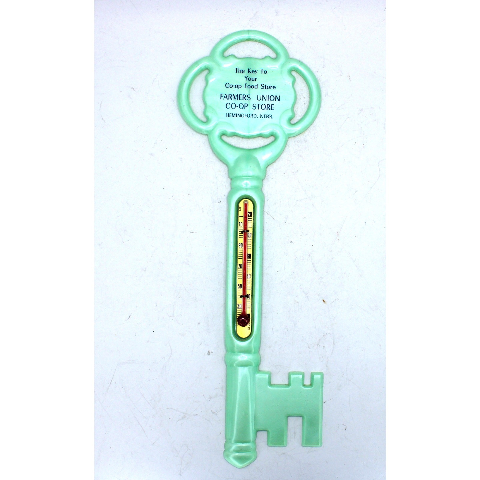 Vtg Key Shaped Advertising Thermometer Farms Union Co-Op Store Hemingford Neb.