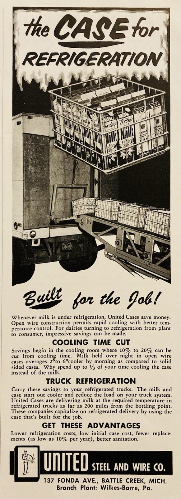 1953 AD.(PC10)~UNITED STEEL & WIRE CO. WILKES-BARRE, PA. MILK REFRIGERATION CASE