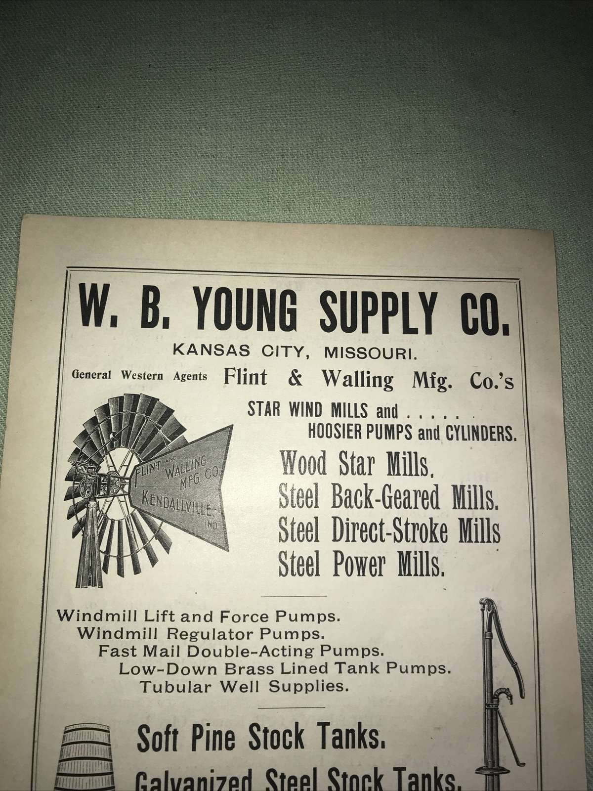 1898 Flint Walling Windmill Farm Advertising – Kendallville Indiana Kansas City