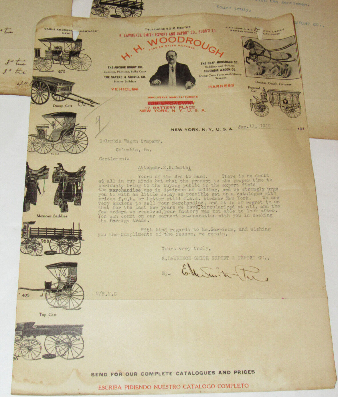 VTG 1919 IMPORT/EXPORT CO LETTERHEAD! FUNERAL CAR/MEXICAN SADDLE/COLUMBIAN WAGON