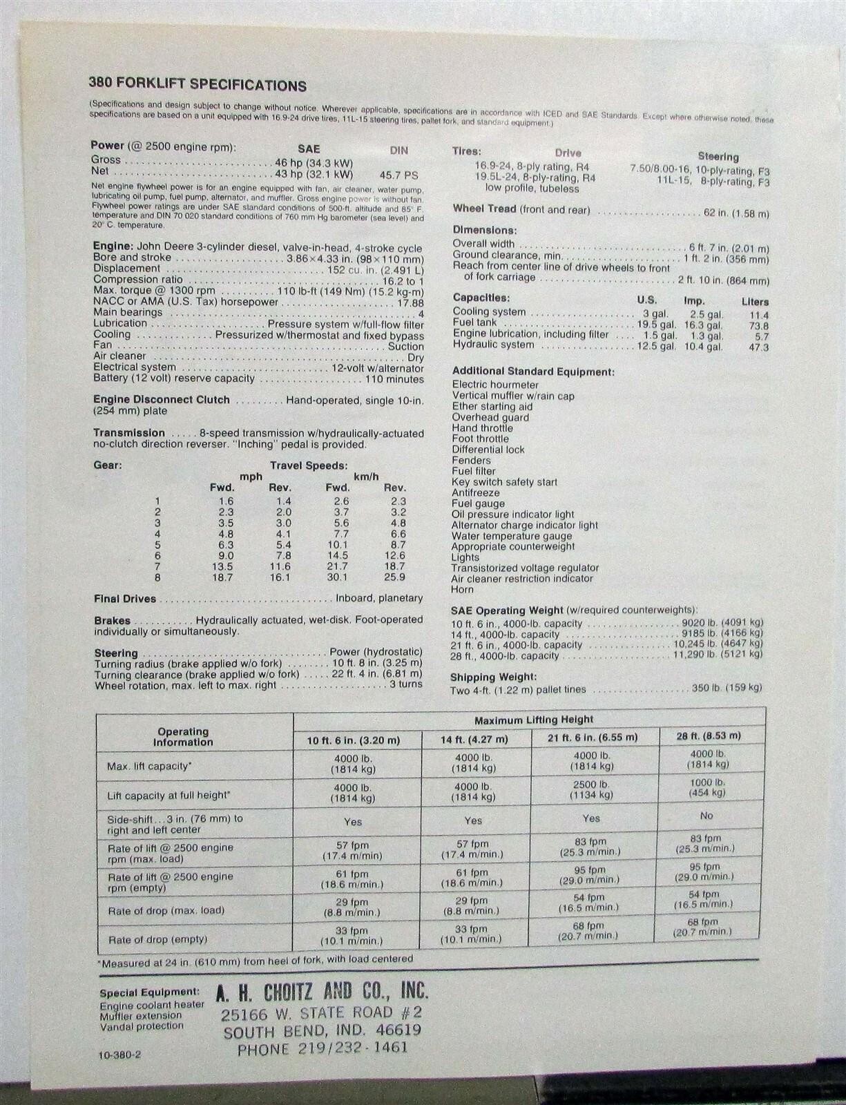 1979 John Deere 380 Forklift Specifications Construction Sales Brochure