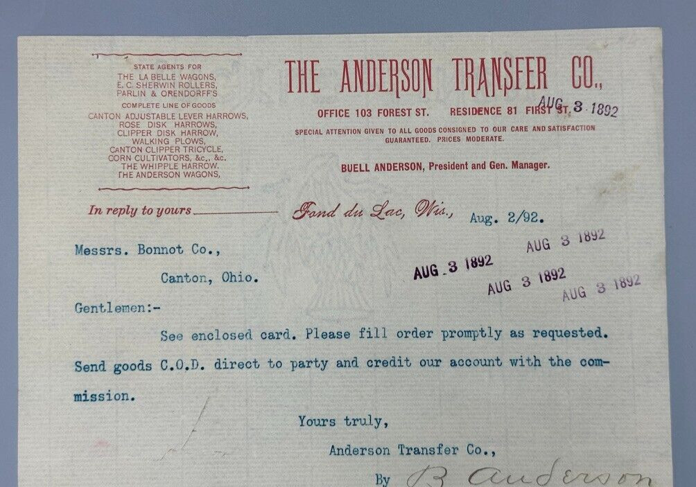 1892 -1896 ANDERSON Transfer Antique FARM Advertise Letter FOND Du LAC Wisconsin