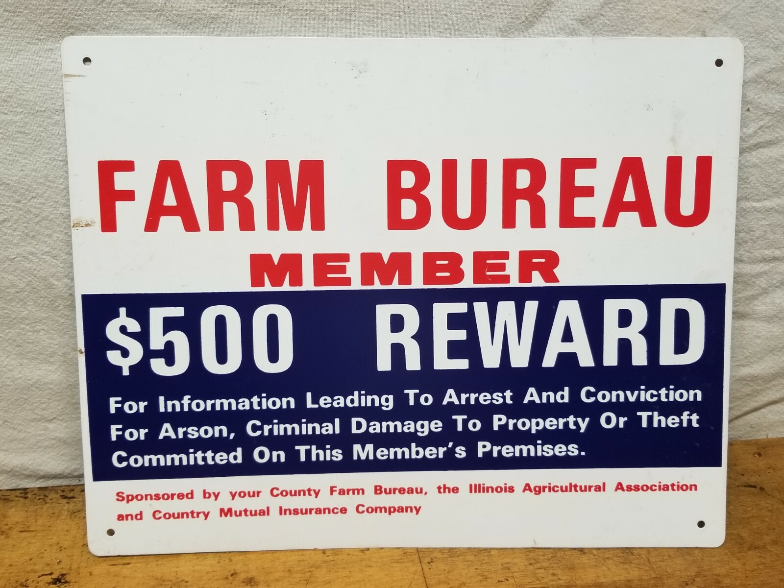 Vintage Illinois Farm Bureau Member Sign $500 Fine Plastic