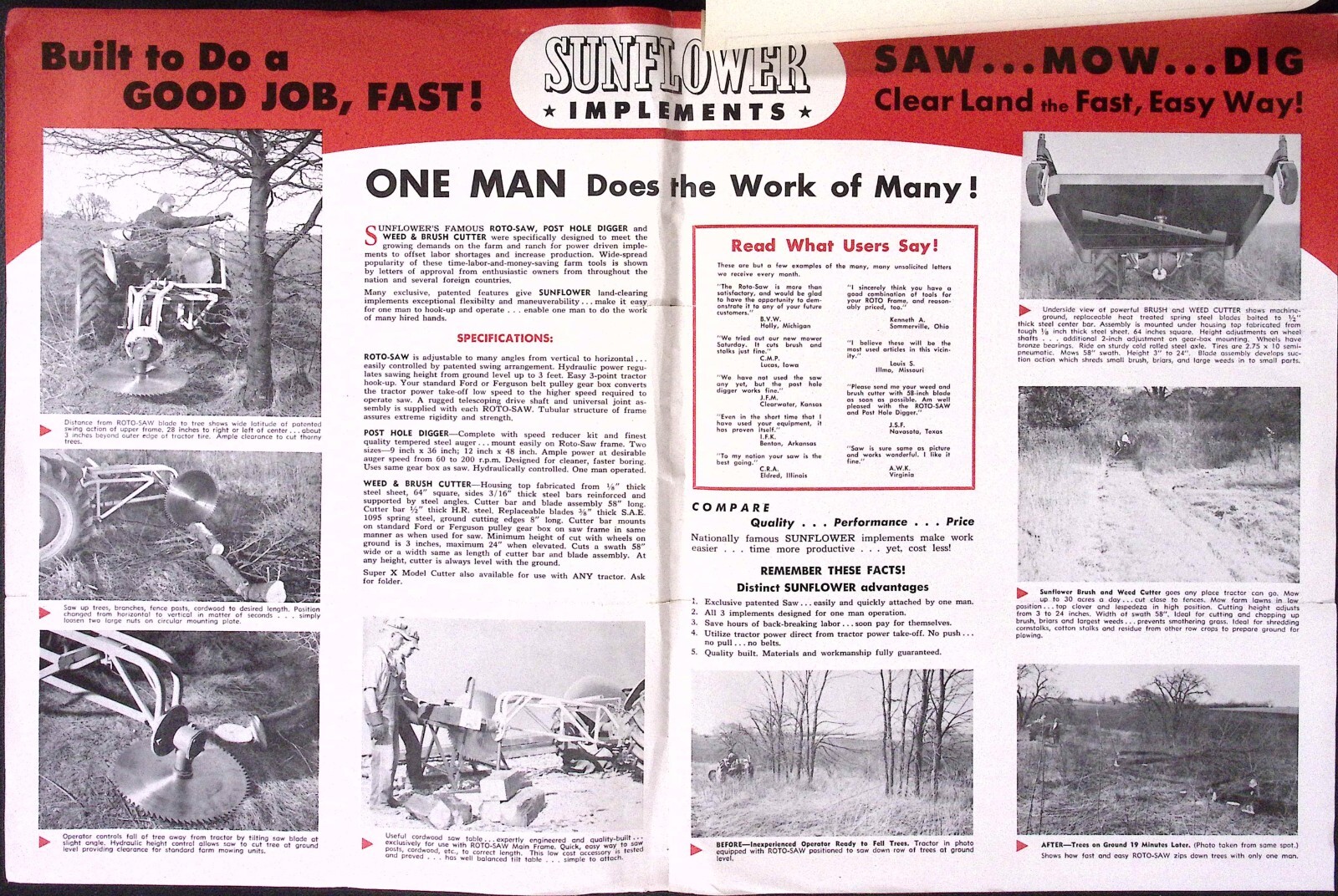 1953 Sunflower Tractor Driven Implements Roto Saw Brush Cutter Brochure