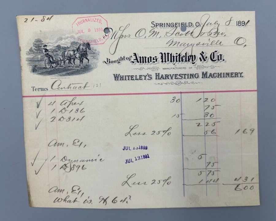 1891 WHITELY HARVESTING Machinery FARM ADVERTISING Billhead SPRINGFIELD Ohio