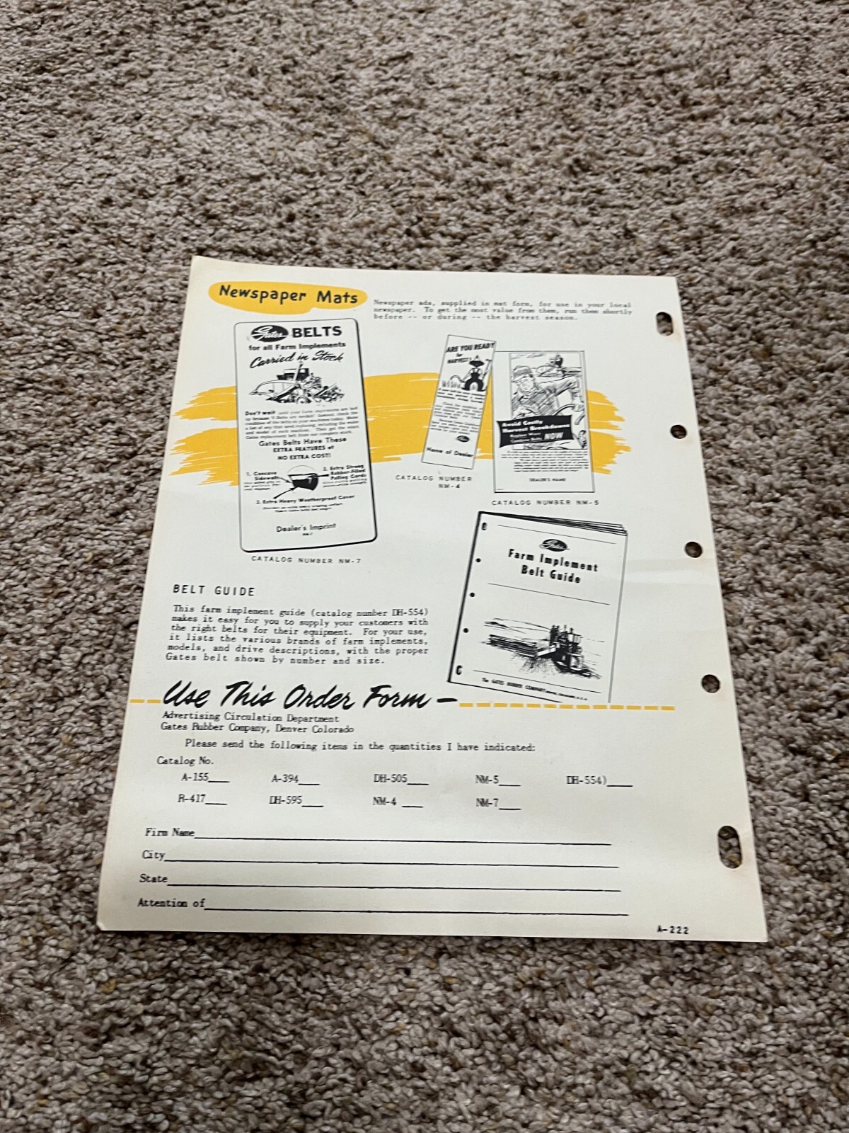Vintage Gates Rubber Co Farm Implement Belts Sales Aids Order Form Denver