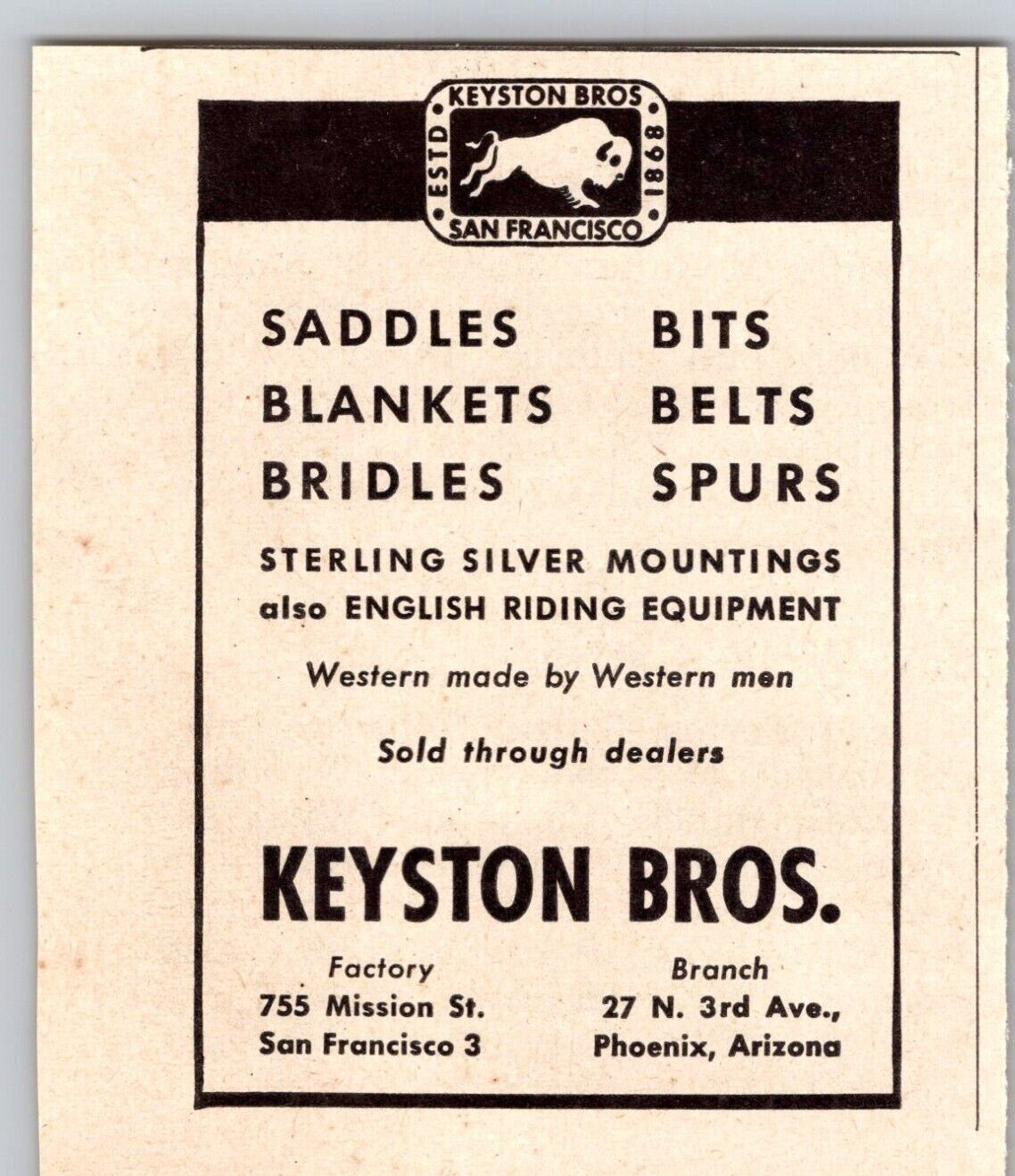 1948 Print Ad Keyston Brothers San Francisco CA Saddles Bits Blankets Spurs