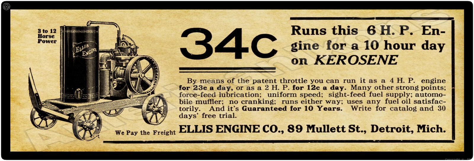 1912 Ellis Engine Co. Gas Engines 6 HP Model – New Metal Sign: Detroit, Michigan