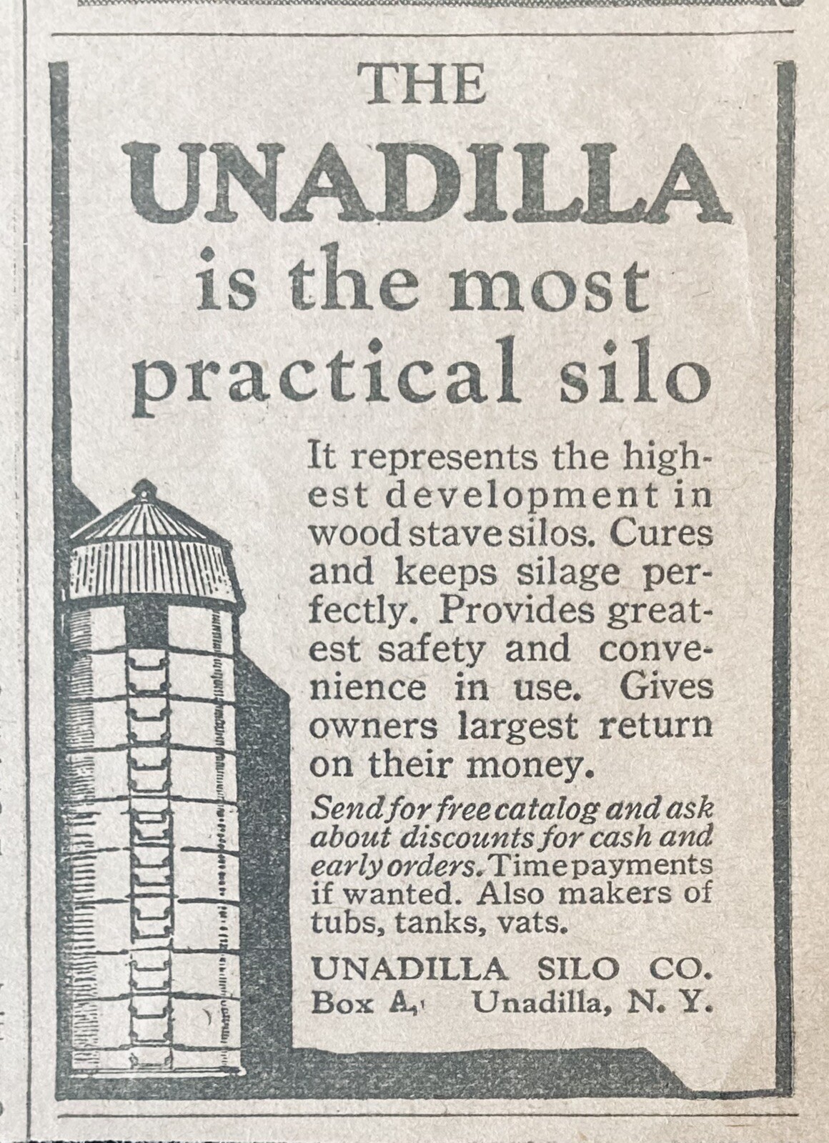 1929 AD.(XG25)~UNADILLA SILO CO. UNADILLA, NY. FARM STORAGE SILOS