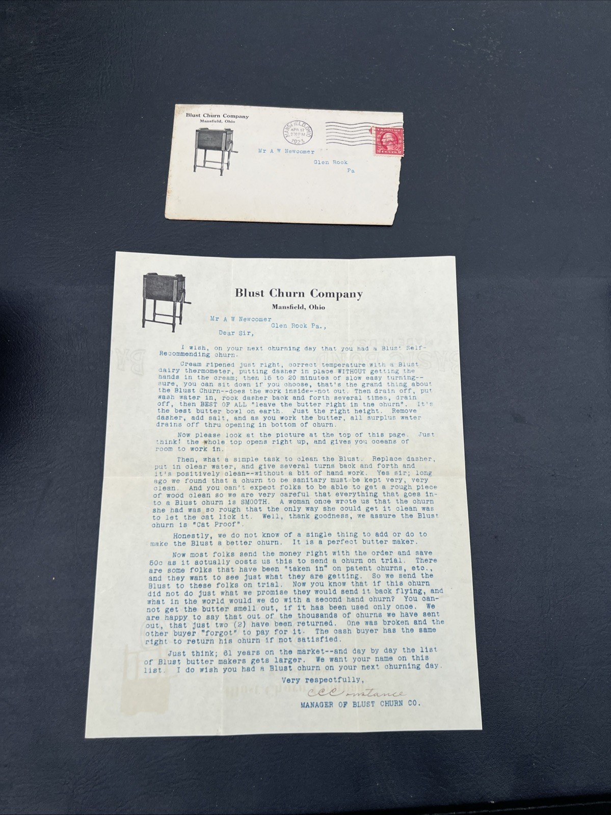 1923 Blust Butter Churn Company Letterhead & Envelope