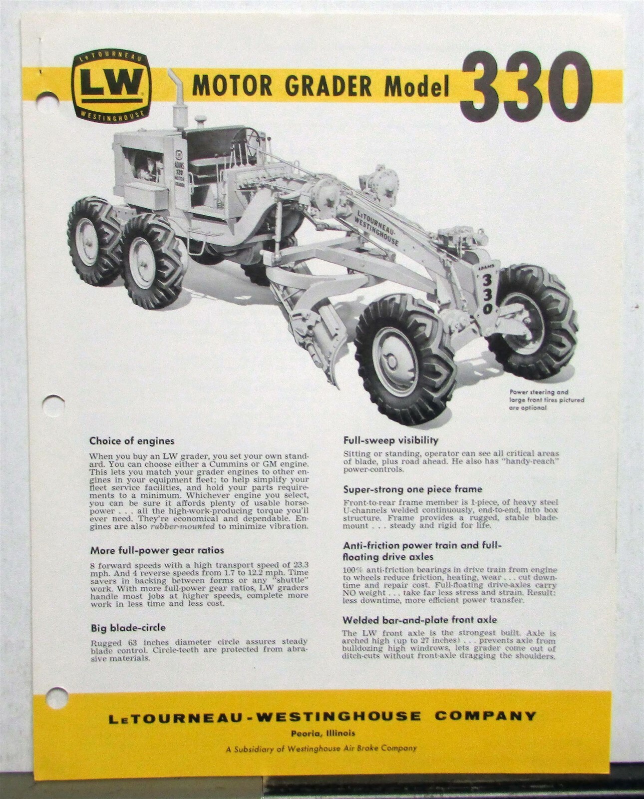 1961 LeTourneau Westinghouse Motor Grader 330 Construction Sales Folder