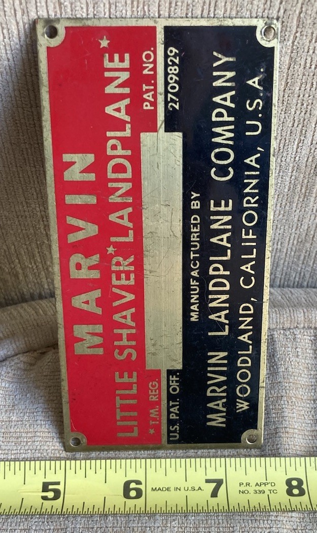 Vintage Brass Marvin Little Shaver Landplane Company Woodland CA Tag Plate Badge