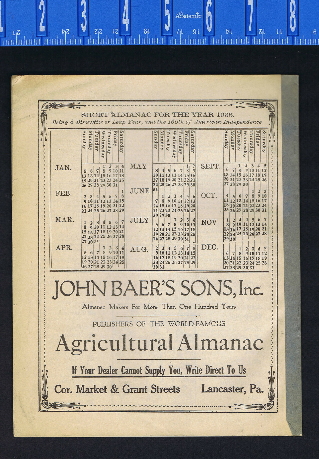 1936 John Baer’s Sons Agricultural Almanac Lancaster, PA – Vol 111