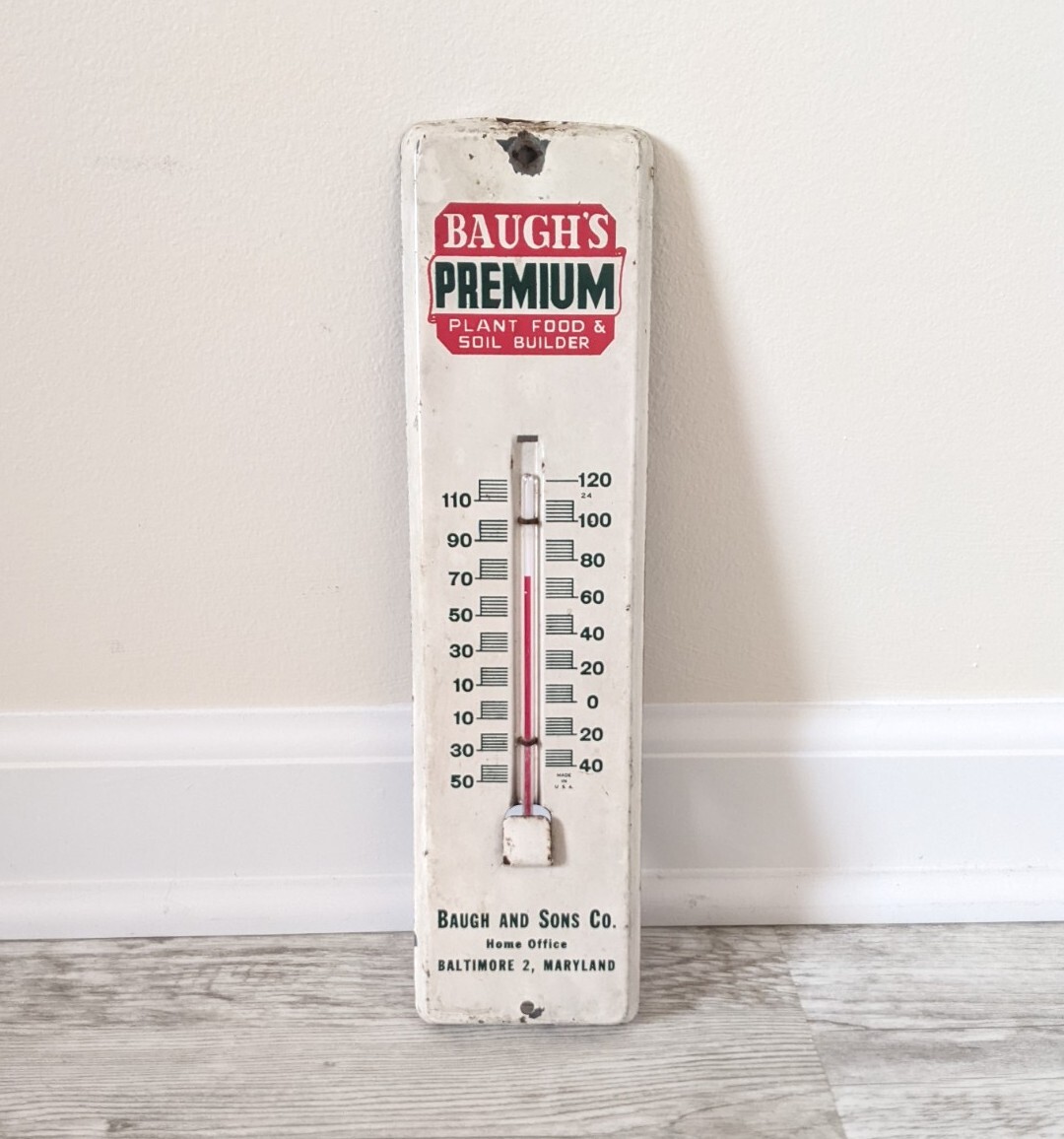 Vintage Baugh’s Premium Plant & Food Soil Builder Wall Thermometer Advertising