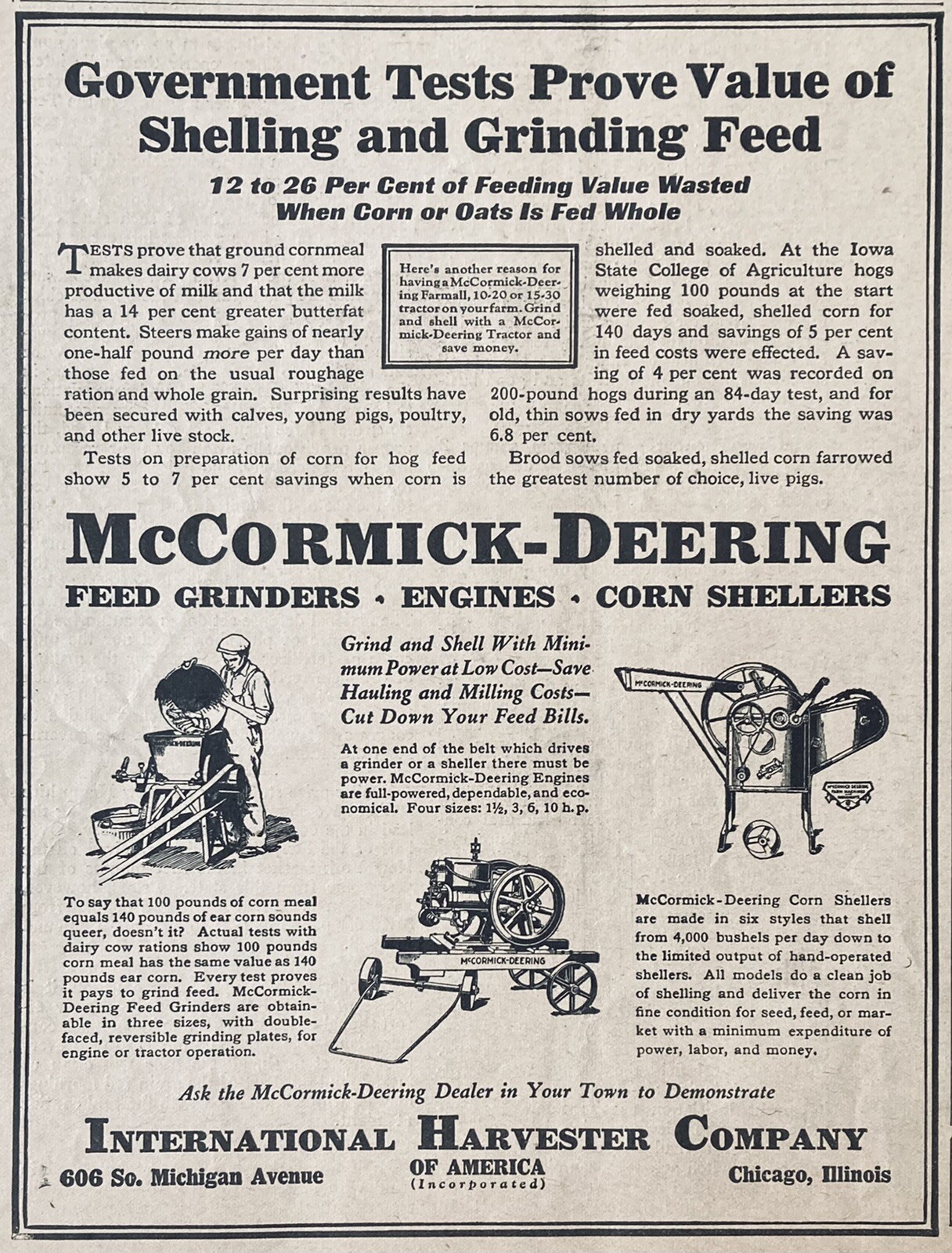 1928 AD.(XH40)~INTERNATIONAL HARVESTER CO. MCCORMICK-DEERING GRINDERS & SHELLERS