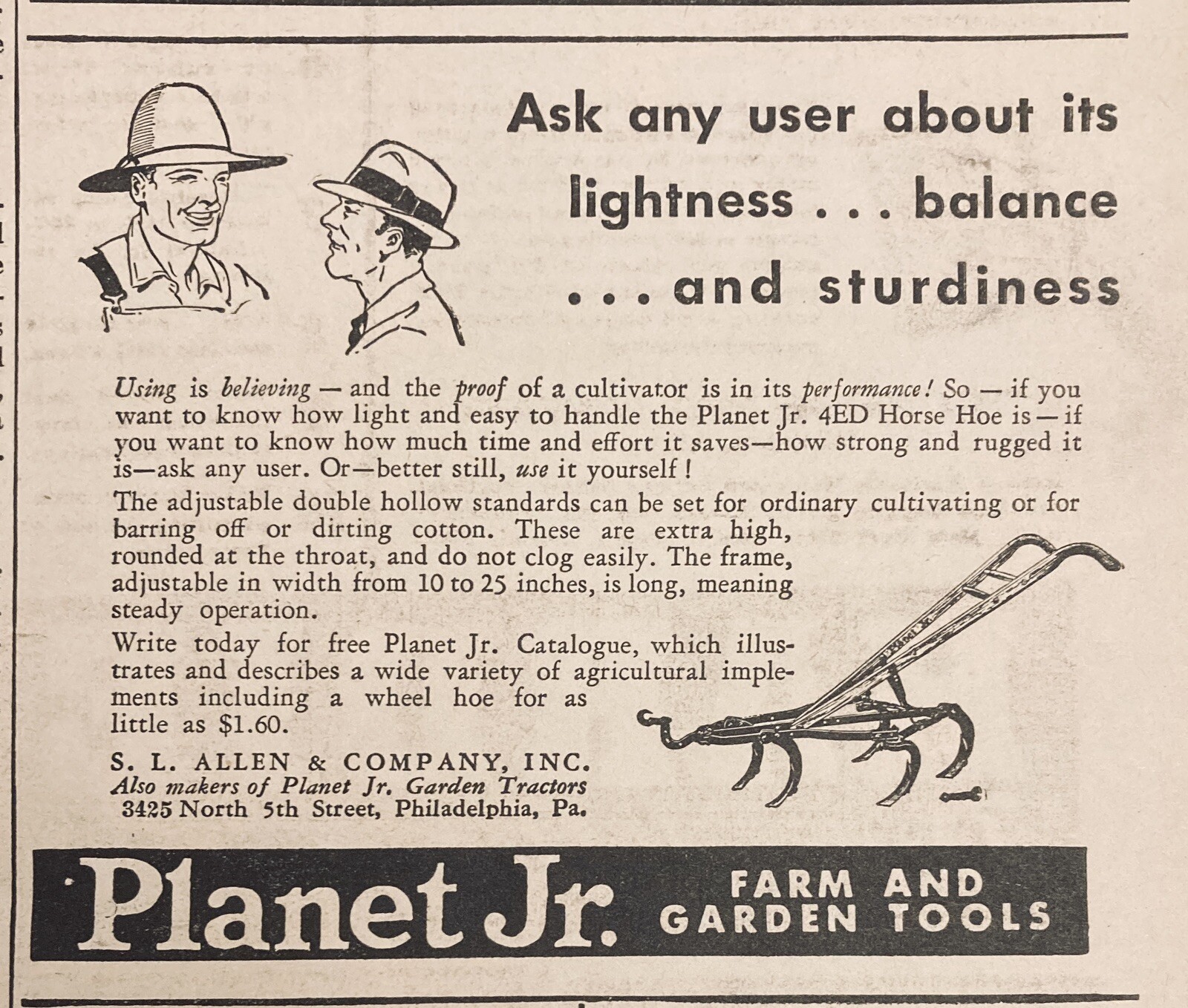 1938 AD.(XG1)~S.L. ALLEN CO. PHIL., PA. PLANET JR. 4ED HORSE HOE CULTIVATOR