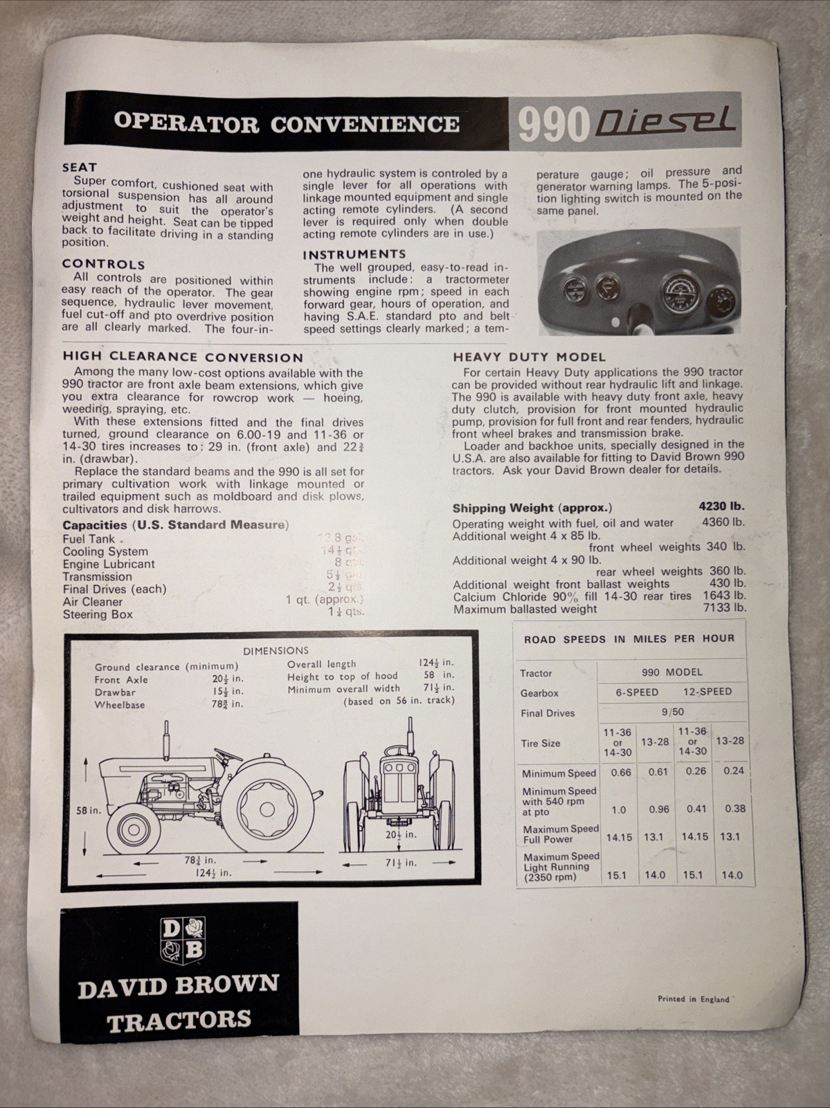 Vintage Farm Tractor David Brown 990 4 Plow Diesel & 880 3 Plow Diesel Brochur