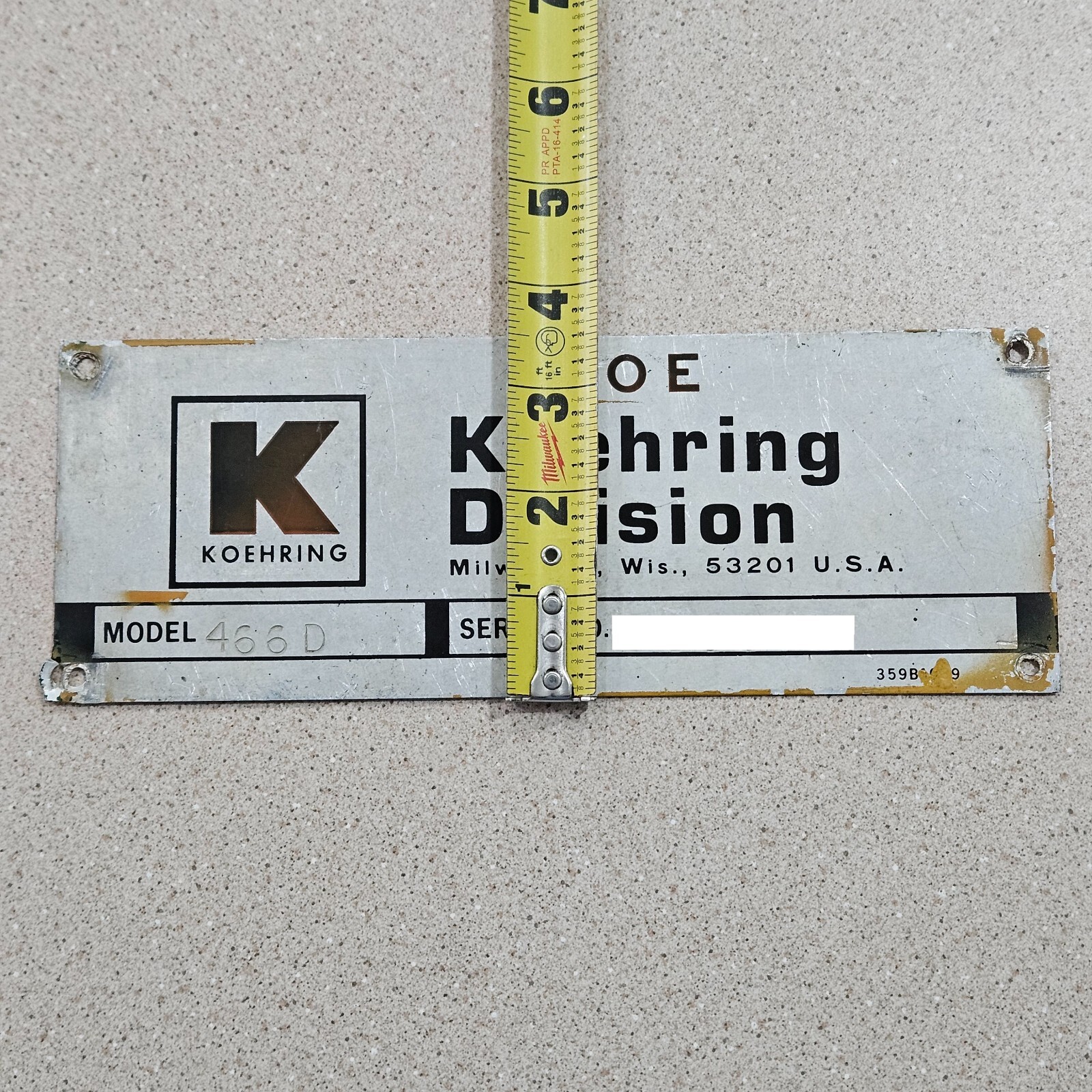 Vintage Koehring Division Milwaukee Excavator Backhoe Metal Data Sign Name Plate