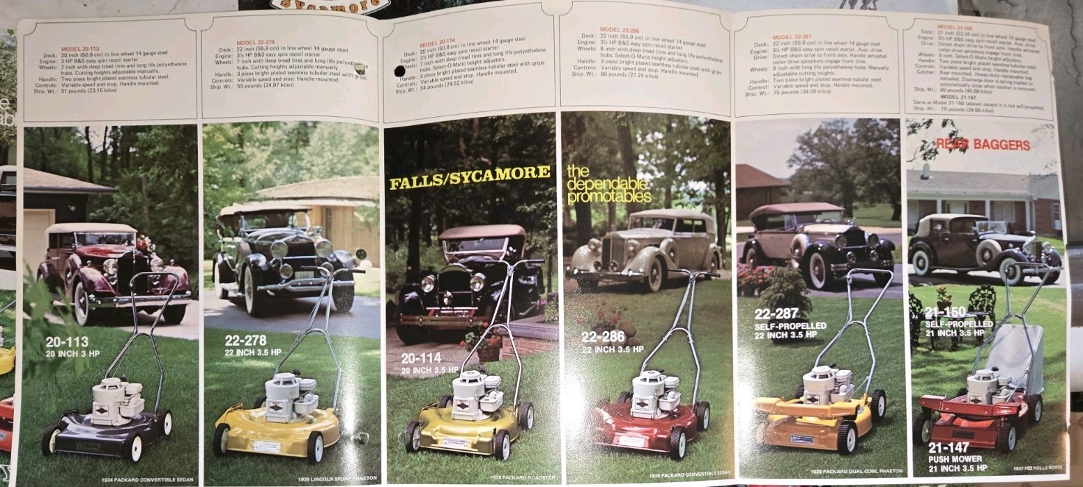LOT OF 9 70S AND 80S FALLS SYCAMORE LAWN MOWER DEALER COLOR BROCHURES 1976-1986