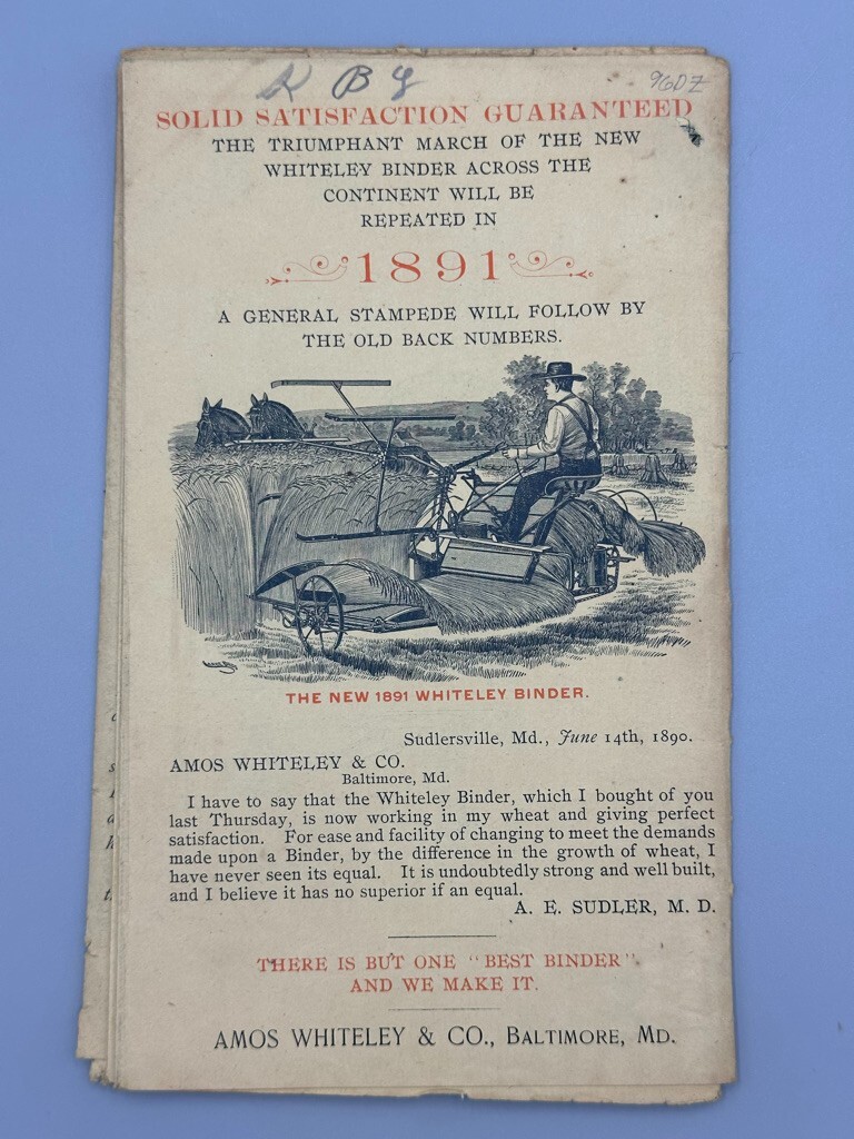 1891 Amos WHITELEY Farm HARVESTING MACHINES Mower Binder Advertising Circular