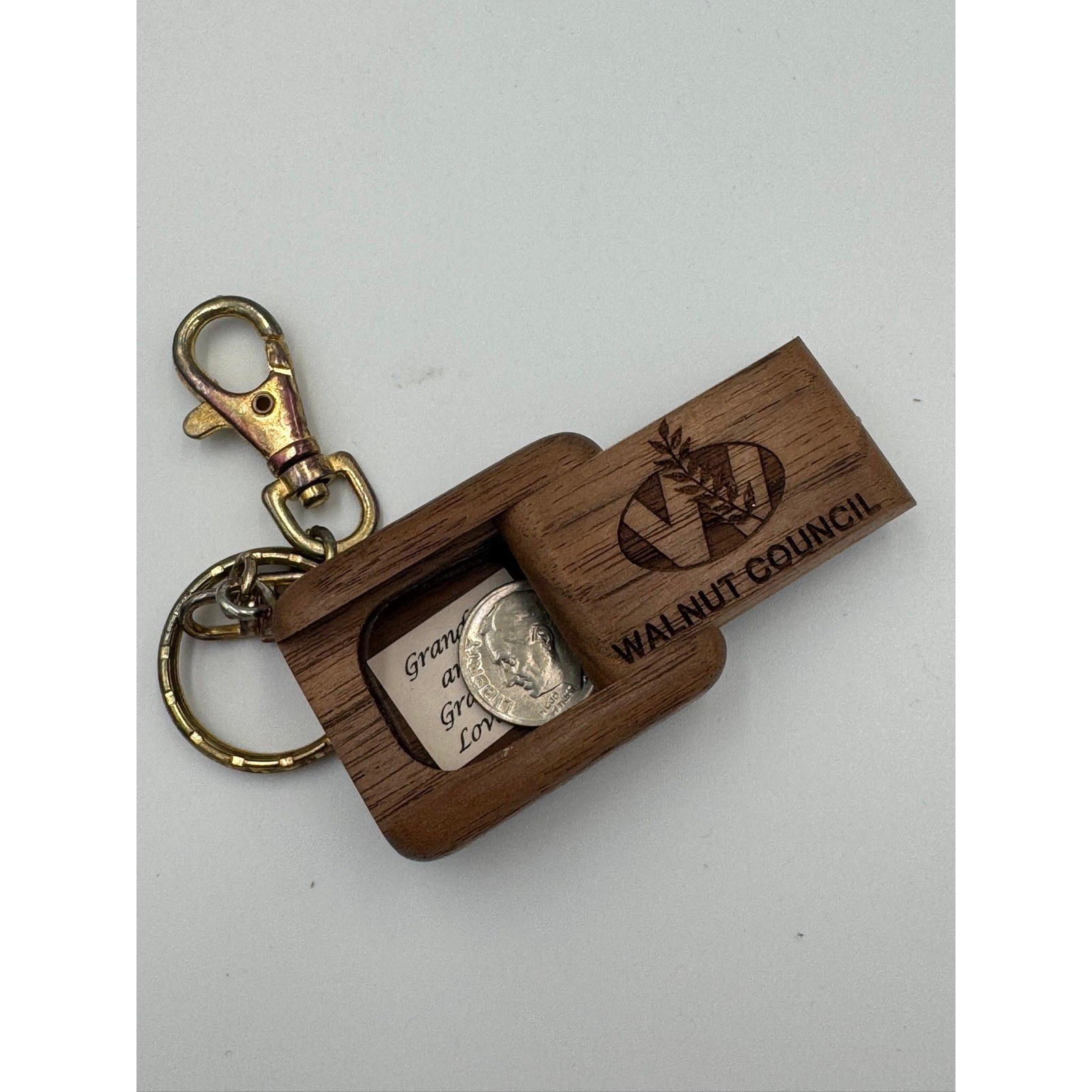 Walnut Council Wooden Sliding Box Keychain Engraved Logo Brown Gold Tone Clasp