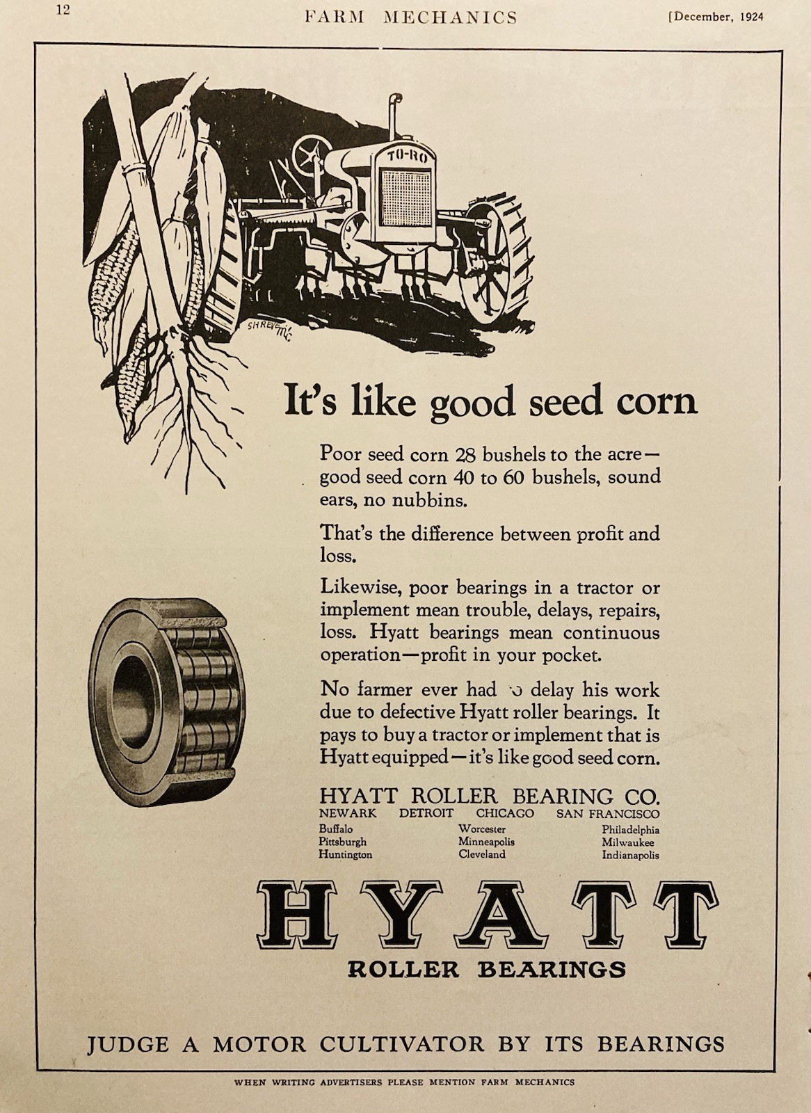 1924 AD.(XH82)~HYATT ROLLER BEARING CO. NEWARK, NJ. HYATT TRACTOR ROLLER BEARING