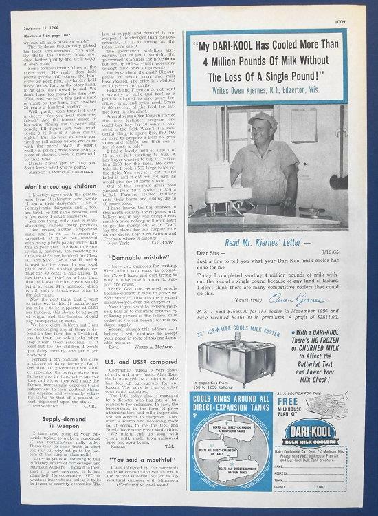 Original 1966 Dairy Equipment Ad Features Owen Kjernes of Ederton, Wisconsin