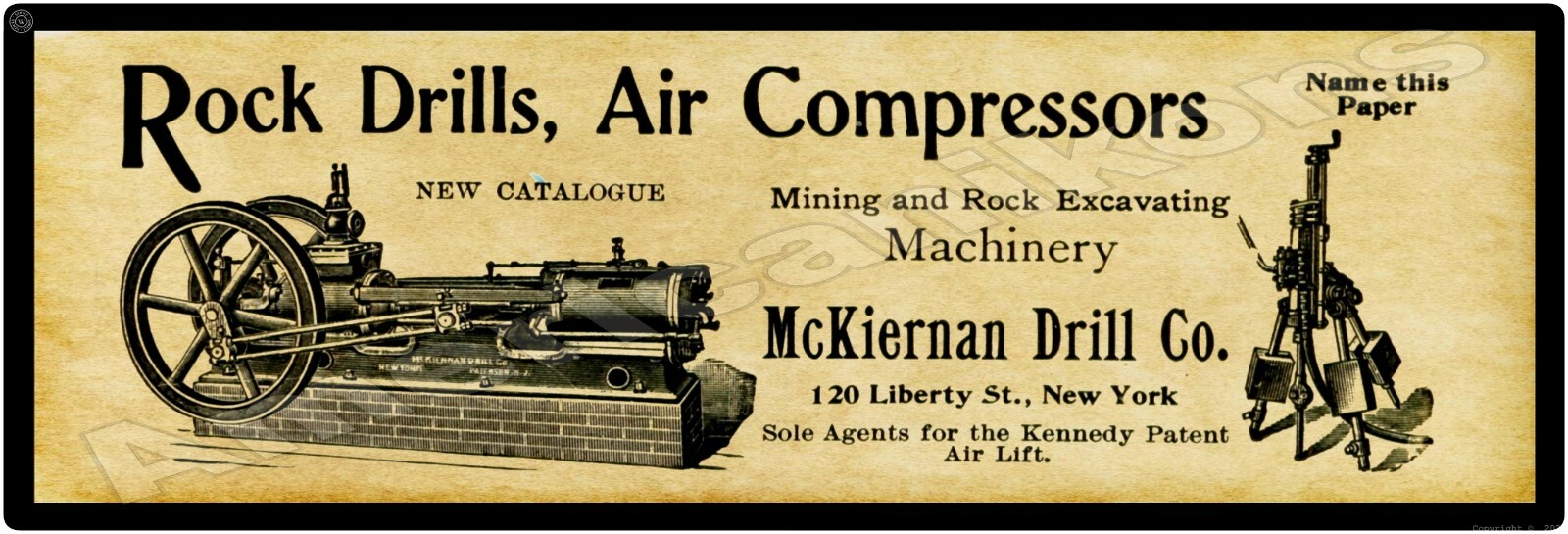 1901 McKiernan Drill Co. New Metal Sign: Rock Drills, Compressors, NYC – 6 x 18&Prime;