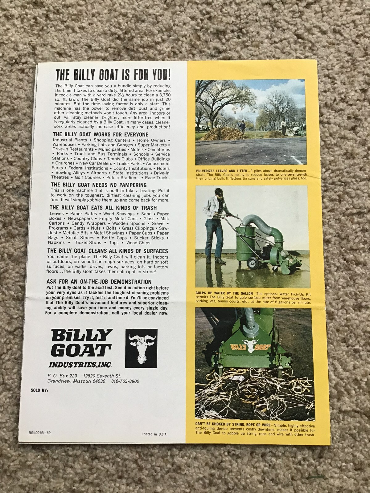 1969 Billy Goat cleanup equipment, original sales literature.