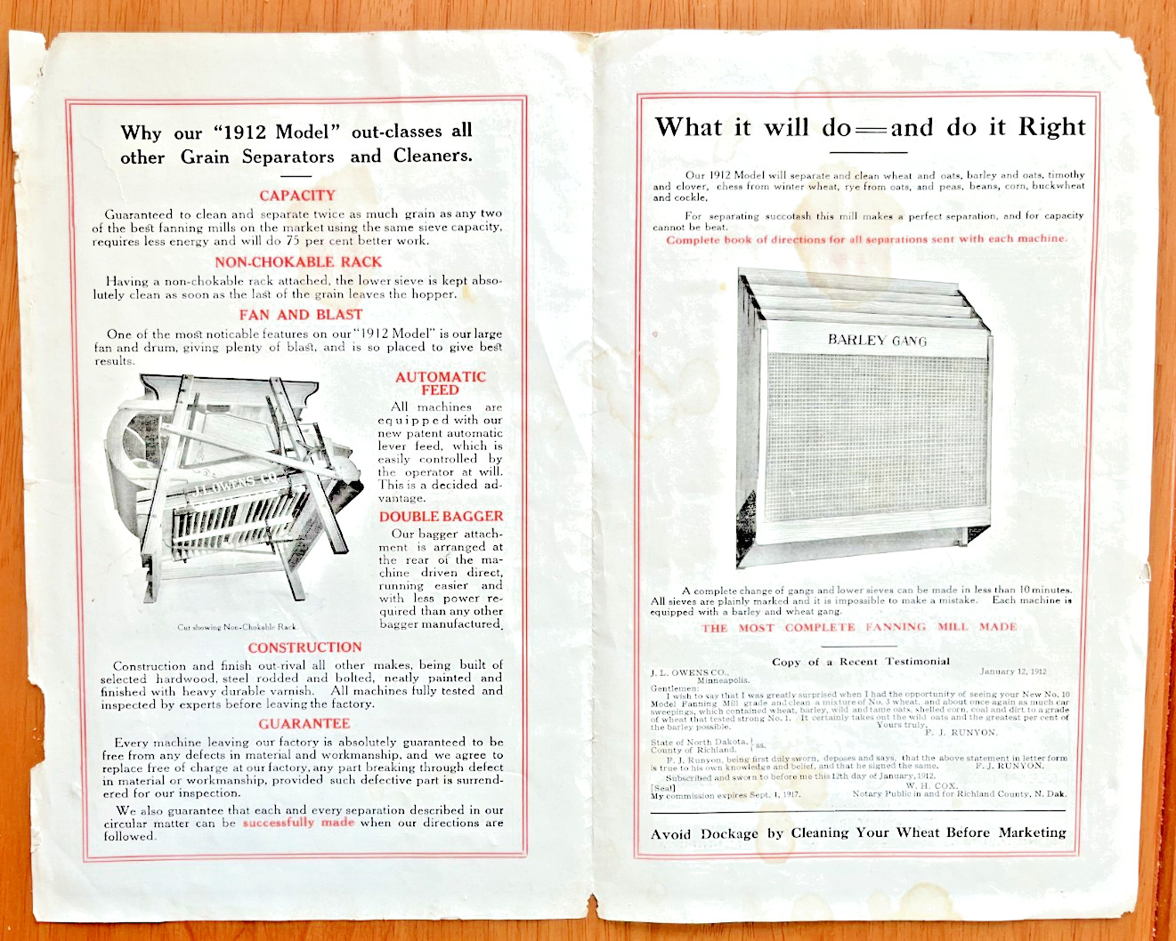 J L Owens 1912 Model Fanning Mills J L Owen Co Minneapolis Minn brochure