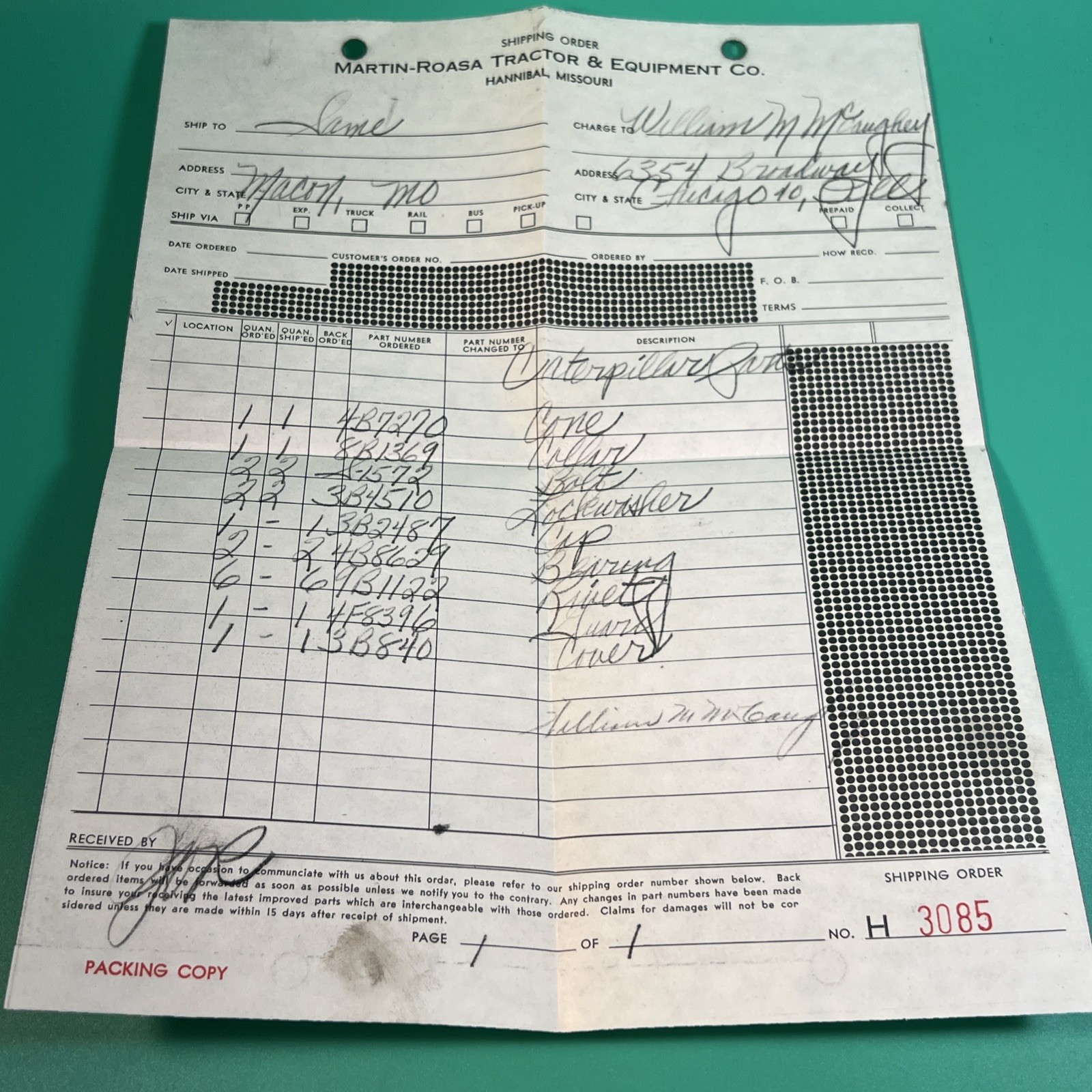 Vintage Hannibal, Missouri Martin-Roasa Tractor & Equipment Recipe