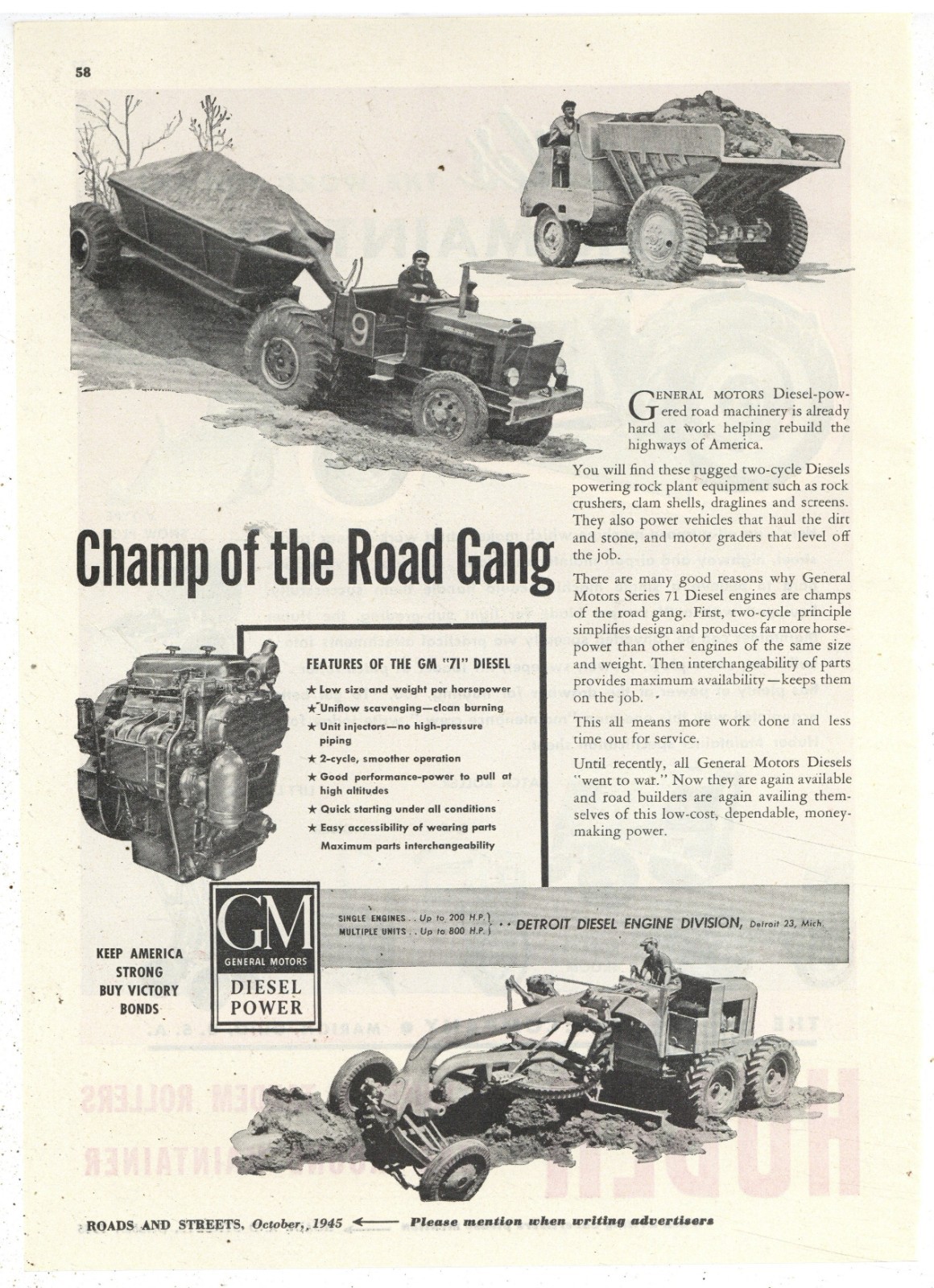 1945 Ads F&B of PG: Huber Maintainer Tractor, Marion OhiO & GM Diesel Engines