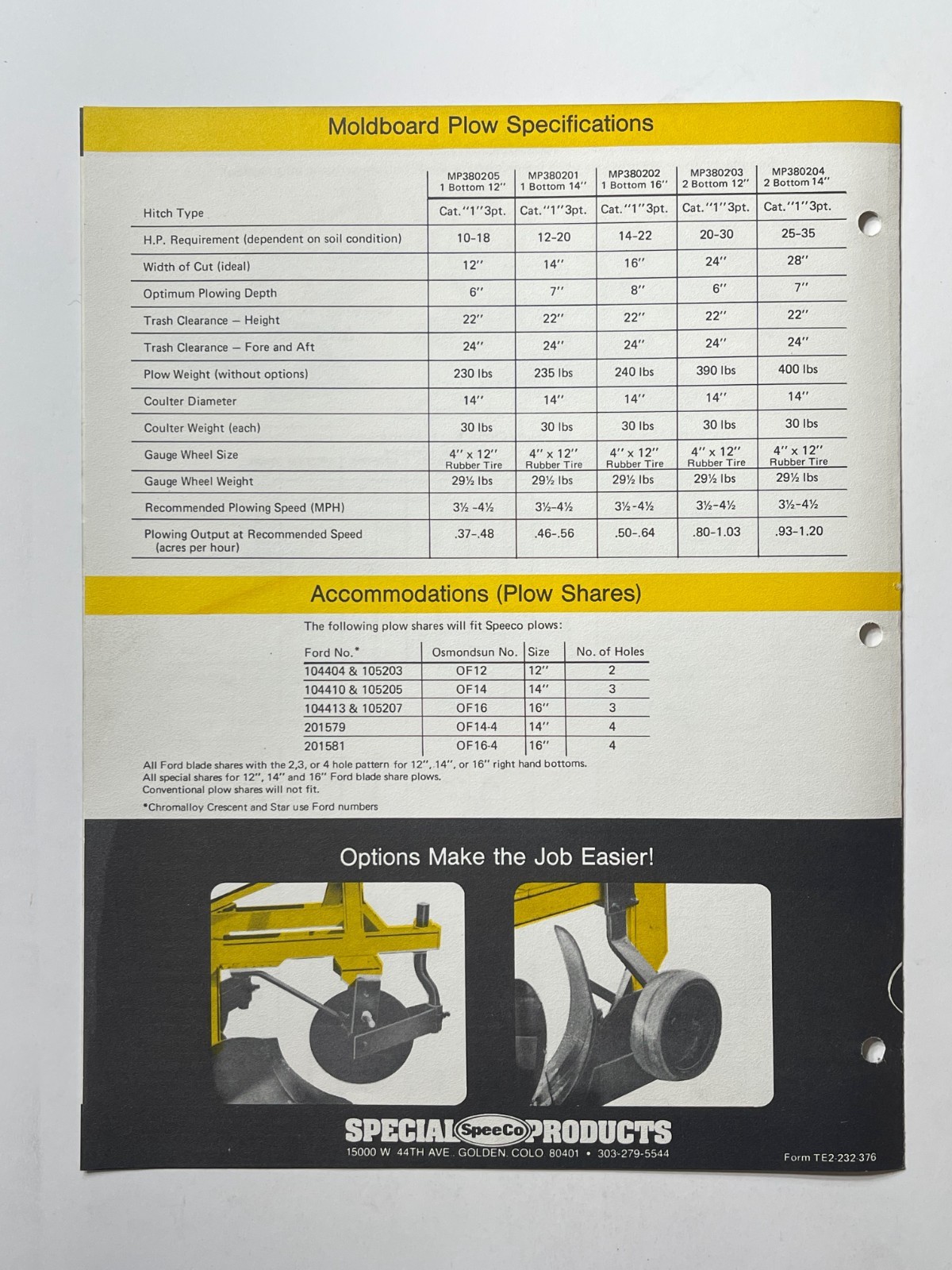 1976 SpeeCo Golden Line Moldbord Plows Sales Brochure *Showroom Sales Book*