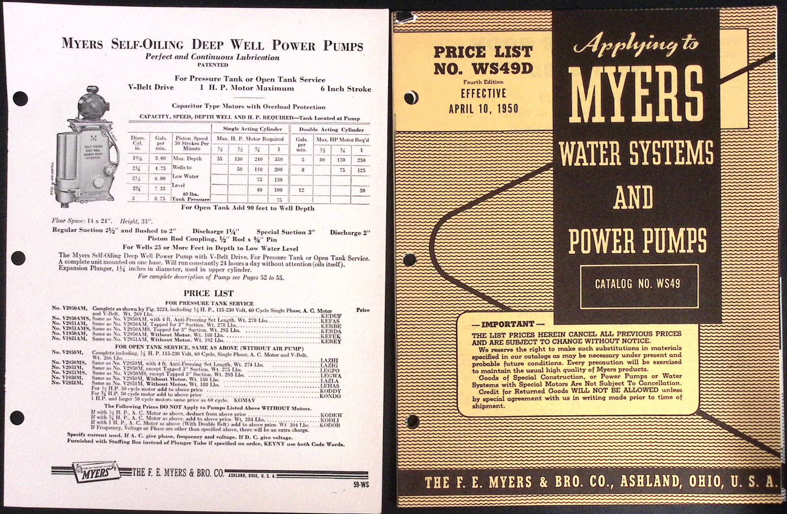 1949 Myers Water Systems & Power Pumps Catalog WS49 F E Myers & Bro Ashland OH