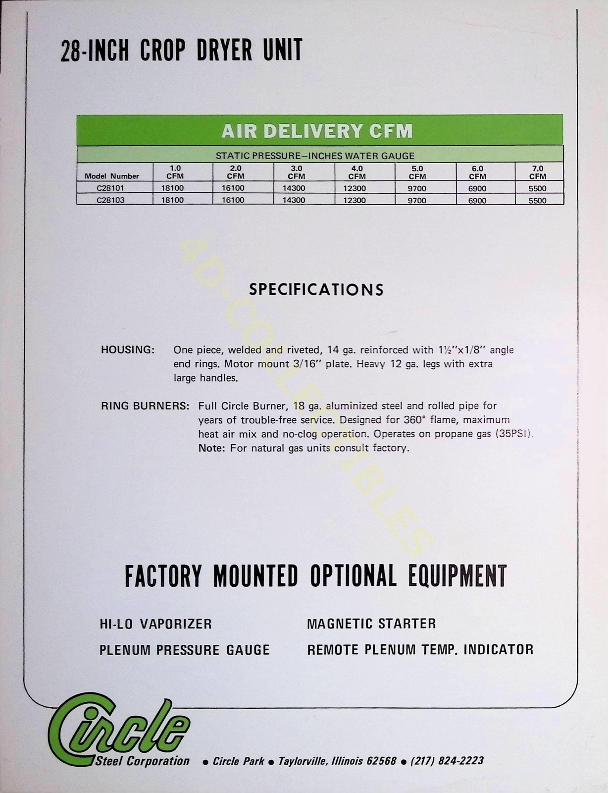 Vintage Farm Brochure Spec Sheet 28 inch crop dryer unit combination fan heater