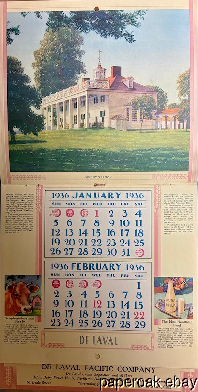 Original 1936 De Laval Cream Separators & Milkers Complete Advertsing Calendar