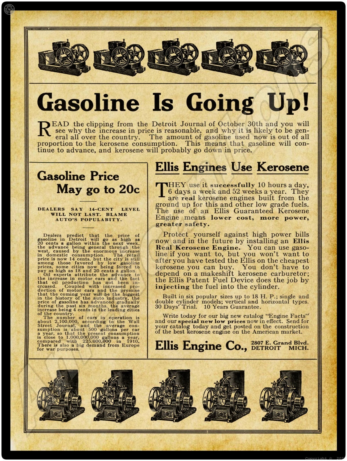 1916 Ellis Engine Co. Kerosene Engines New Metal Sign: Detroit, Michigan