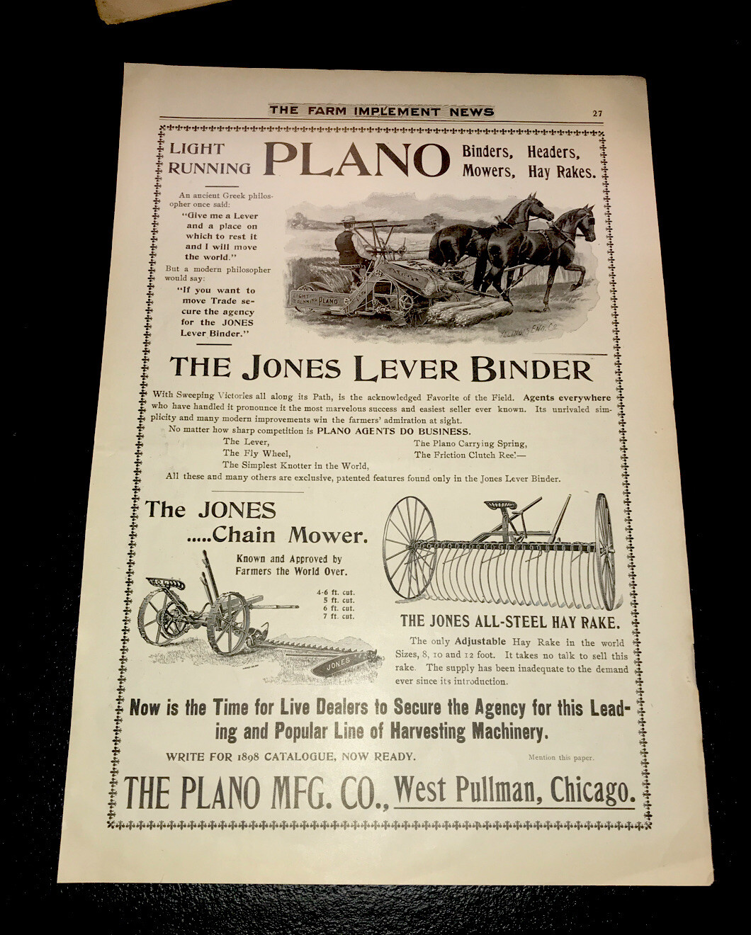 ORIGINAL 1897 Plano Farm Implements Advertising – Chicago – 10” X 15”