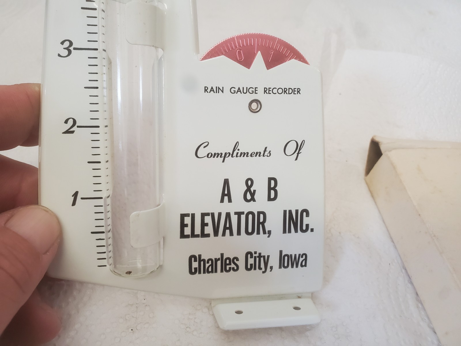 Metal Rain Guage A & B elevator Inc. Charles City Iowa Feed Grain Farm Decor