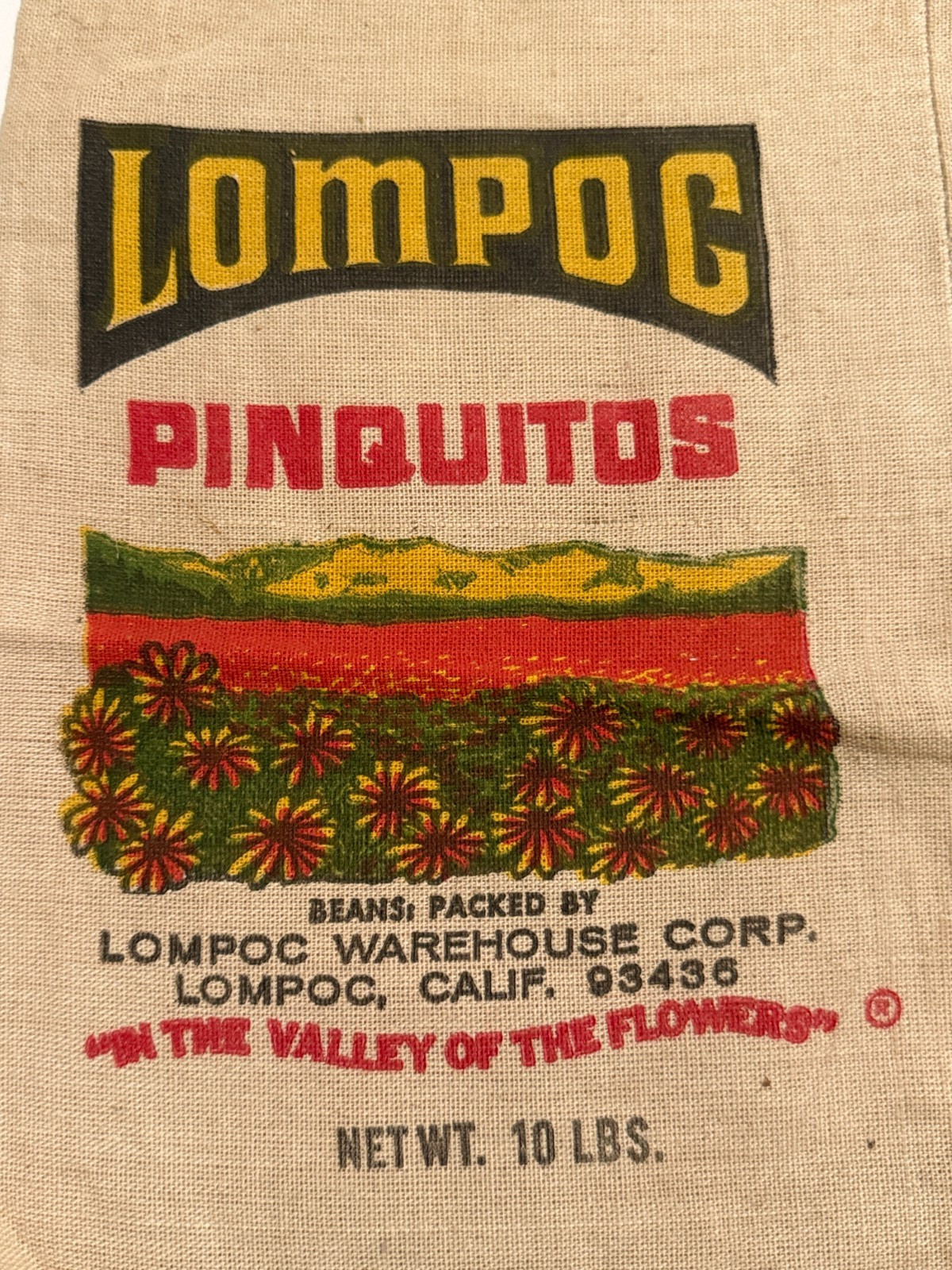 Vintage Lompoc California Pinquitos 10 lbs Bean Canvas Warehouse Sack